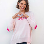 Women's Light Pink One Sized Sweater With Pink Hearts On Elbow and AMOUR Motto on Chest