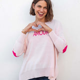 Women's Light Pink One Sized Sweater With Pink Hearts On Elbow and AMOUR Motto on Chest