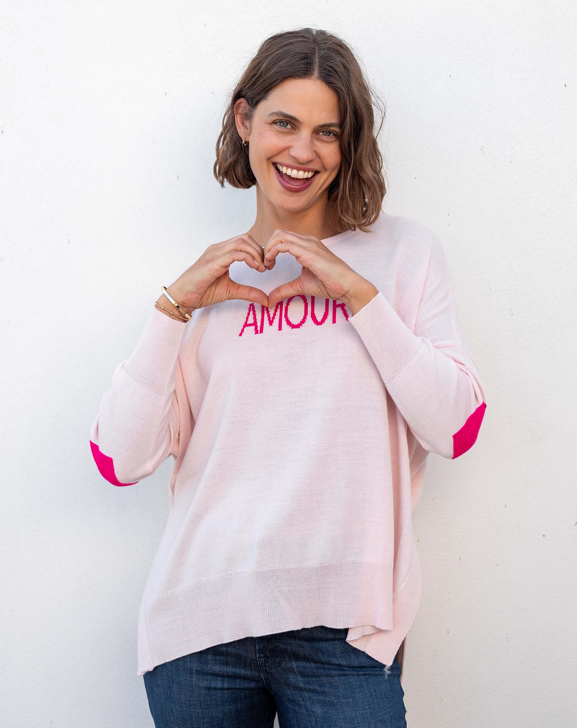 Women's Light Pink One Sized Sweater With Pink Hearts On Elbow and AMOUR Motto on Chest