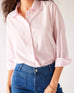 Women's Light Pink Breathable Relaxed Fit Button Up Shirt Front View with Tucked Shirt