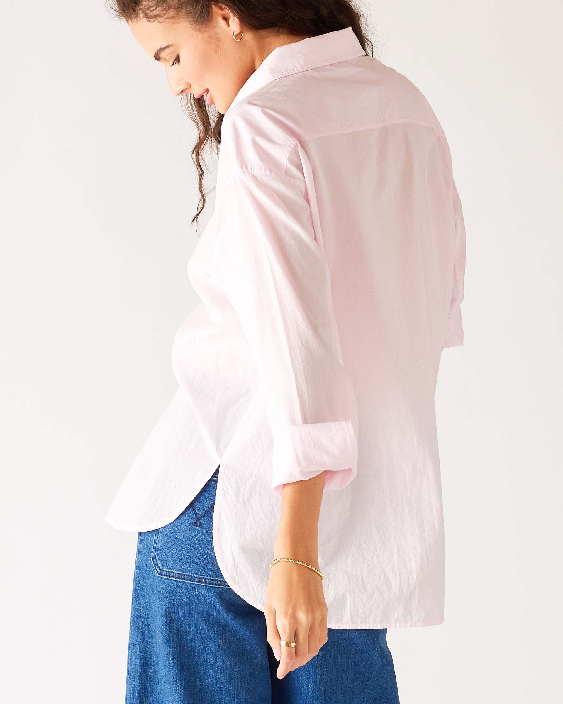 Women's Light Pink Breathable Relaxed Fit Button Up Shirt Side View Cuff Detail