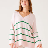 Women's Oversized Light Pink And Green Striped Vneck Sweater with Ribbed Detail