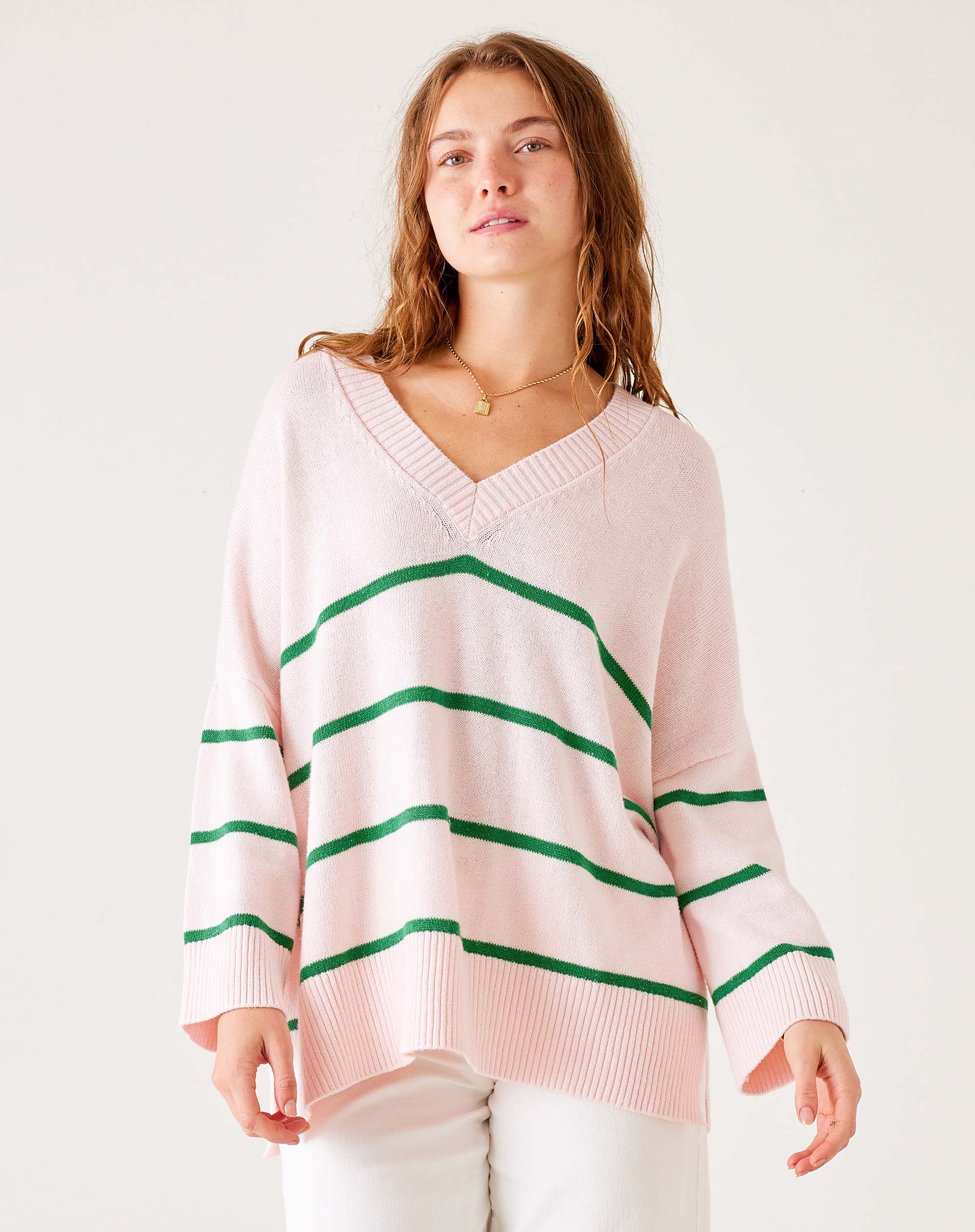 Women's Oversized Light Pink And Green Striped Vneck Sweater with Ribbed Detail