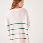 Women's Oversized Light Pink And Green Striped Vneck Sweater with Ribbed Detail