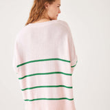 Women's Oversized Light Pink And Green Striped Vneck Sweater with Ribbed Detail