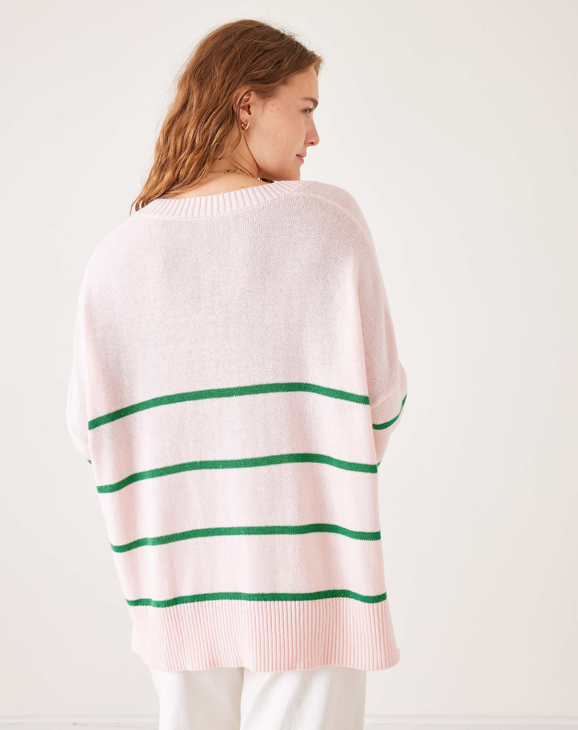 Women's Oversized Light Pink And Green Striped Vneck Sweater with Ribbed Detail