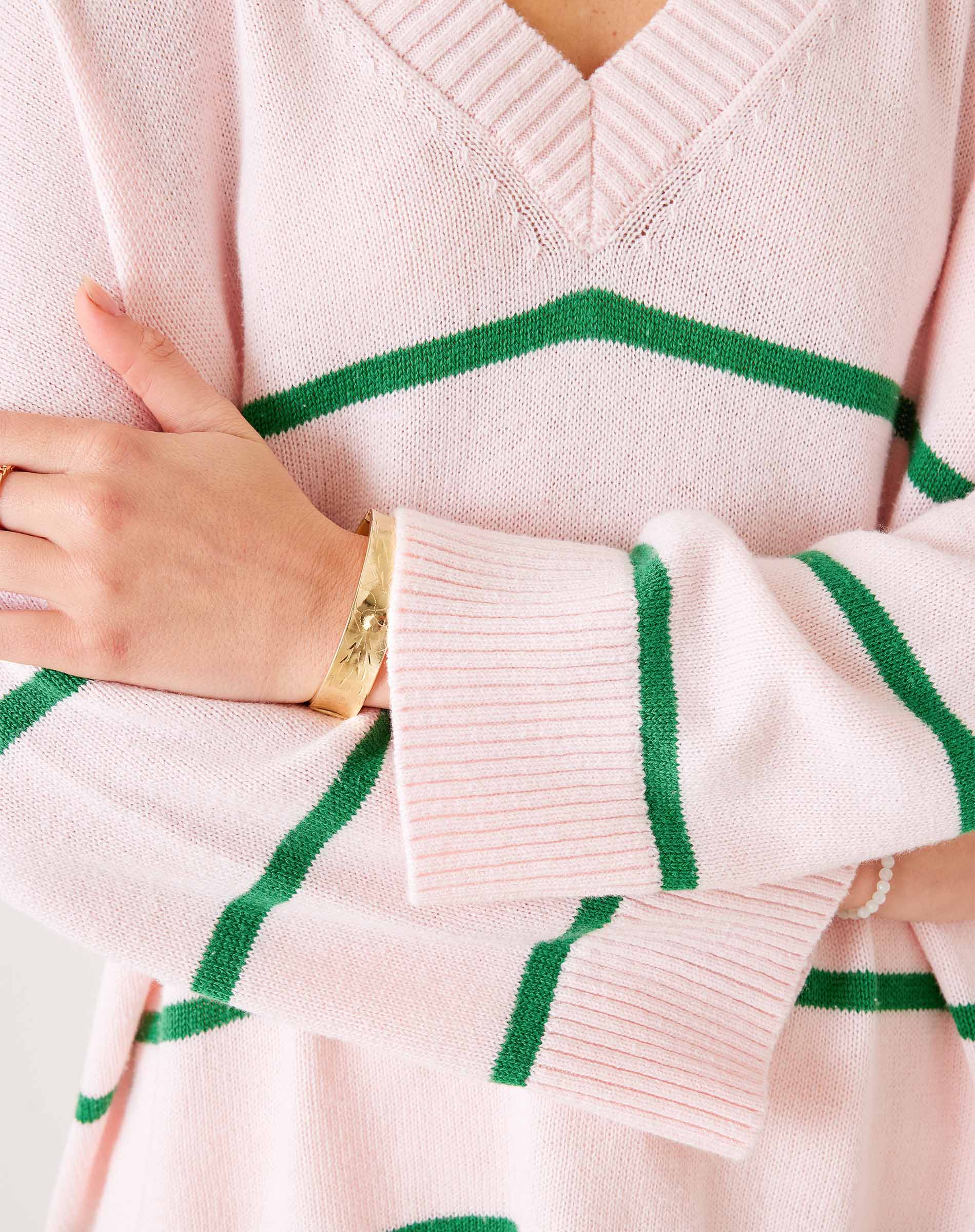 Women's Oversized Light Pink And Green Striped Vneck Sweater with Ribbed Detail