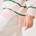 Women's Oversized Light Pink And Green Striped Vneck Sweater with Ribbed Detail