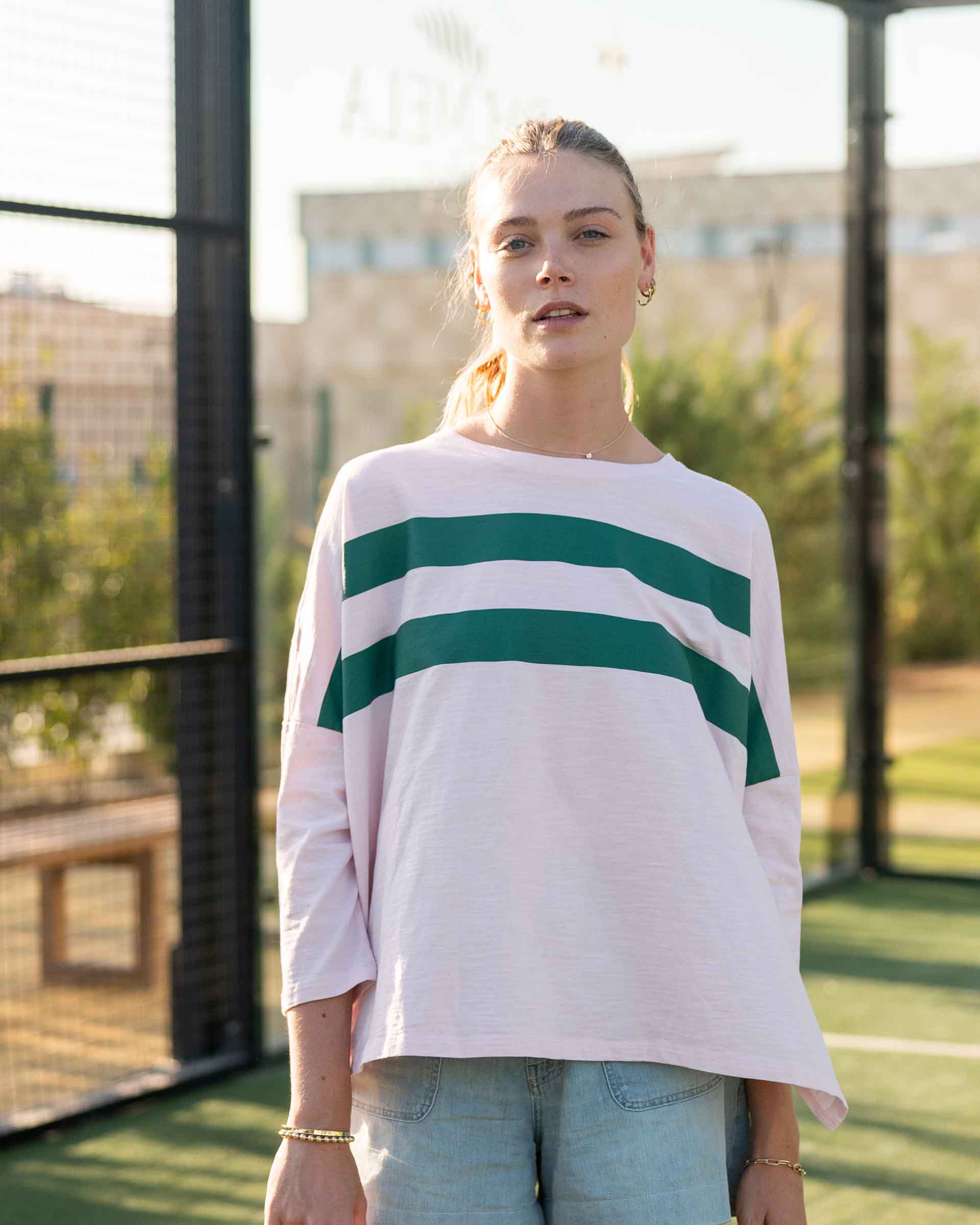 Women's Pink Green Striped Slub Tee
