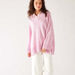 Women's Light Pink Midweight Loose Fitting V-neck Sweater Front View 