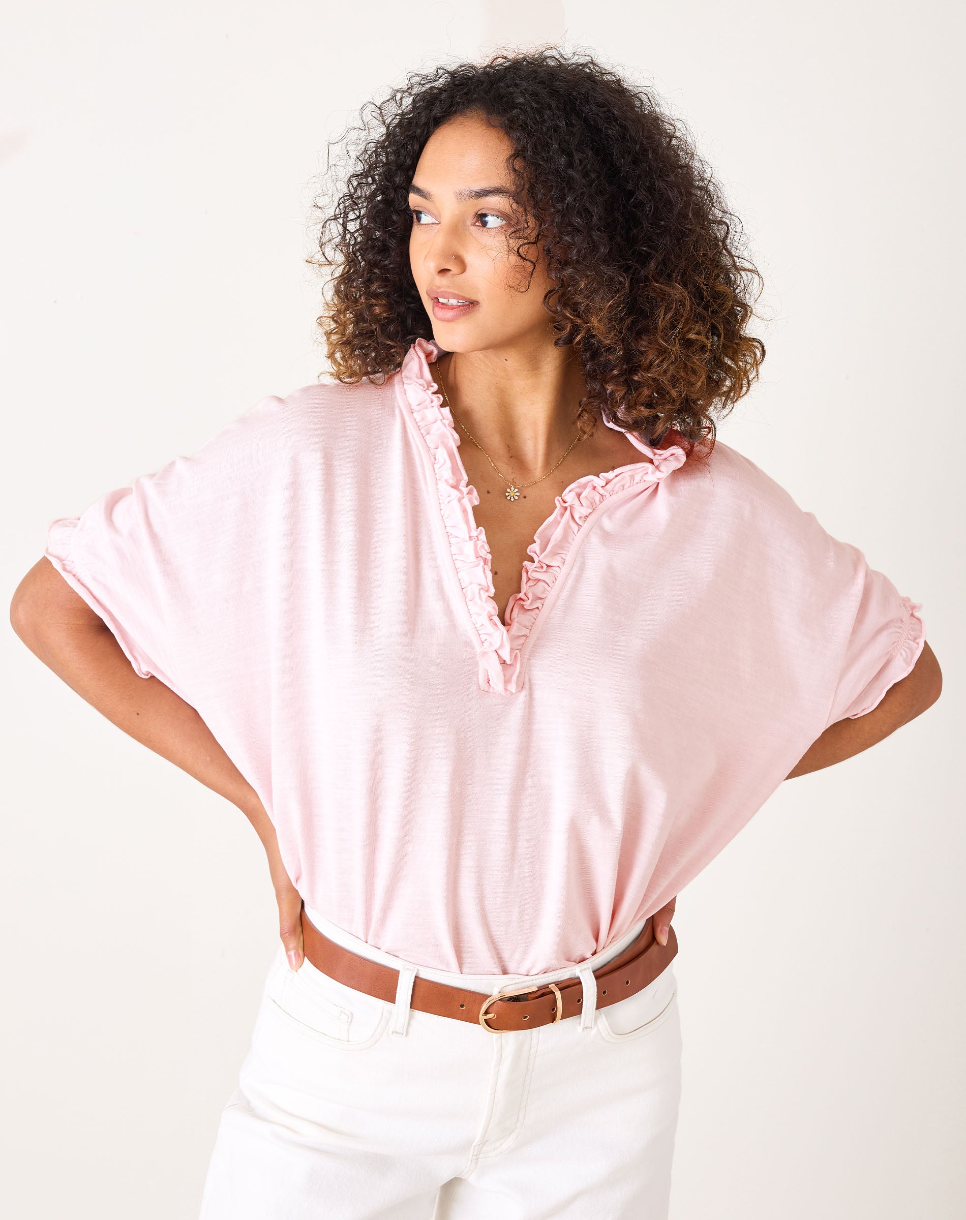 Women's Light Pink Oversized Ruffle Tee