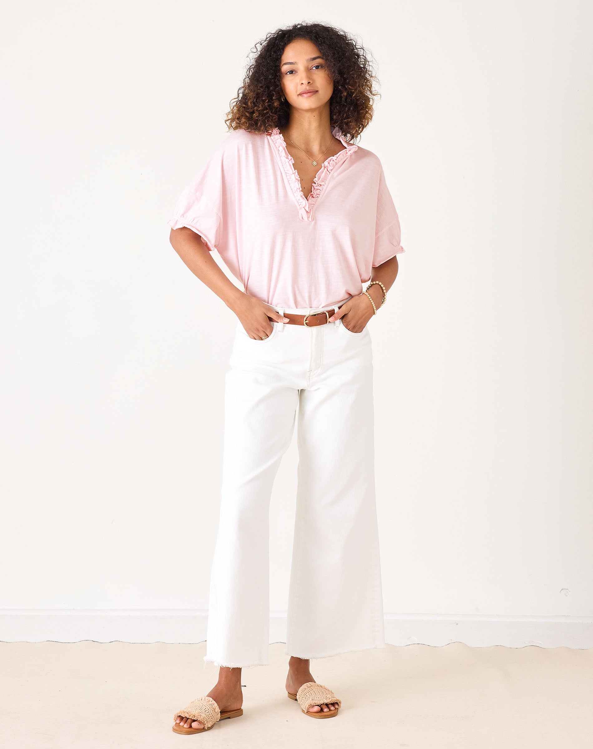 Women's Light Pink Oversized Ruffle Tee