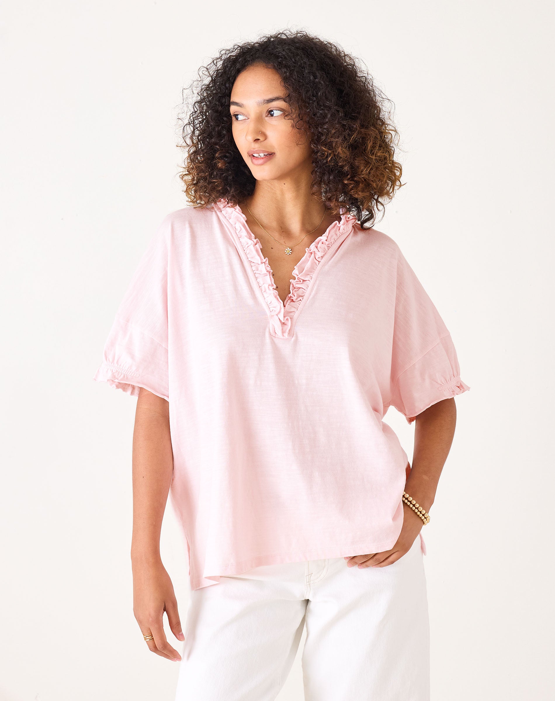 Women's Light Pink Oversized Ruffle Tee