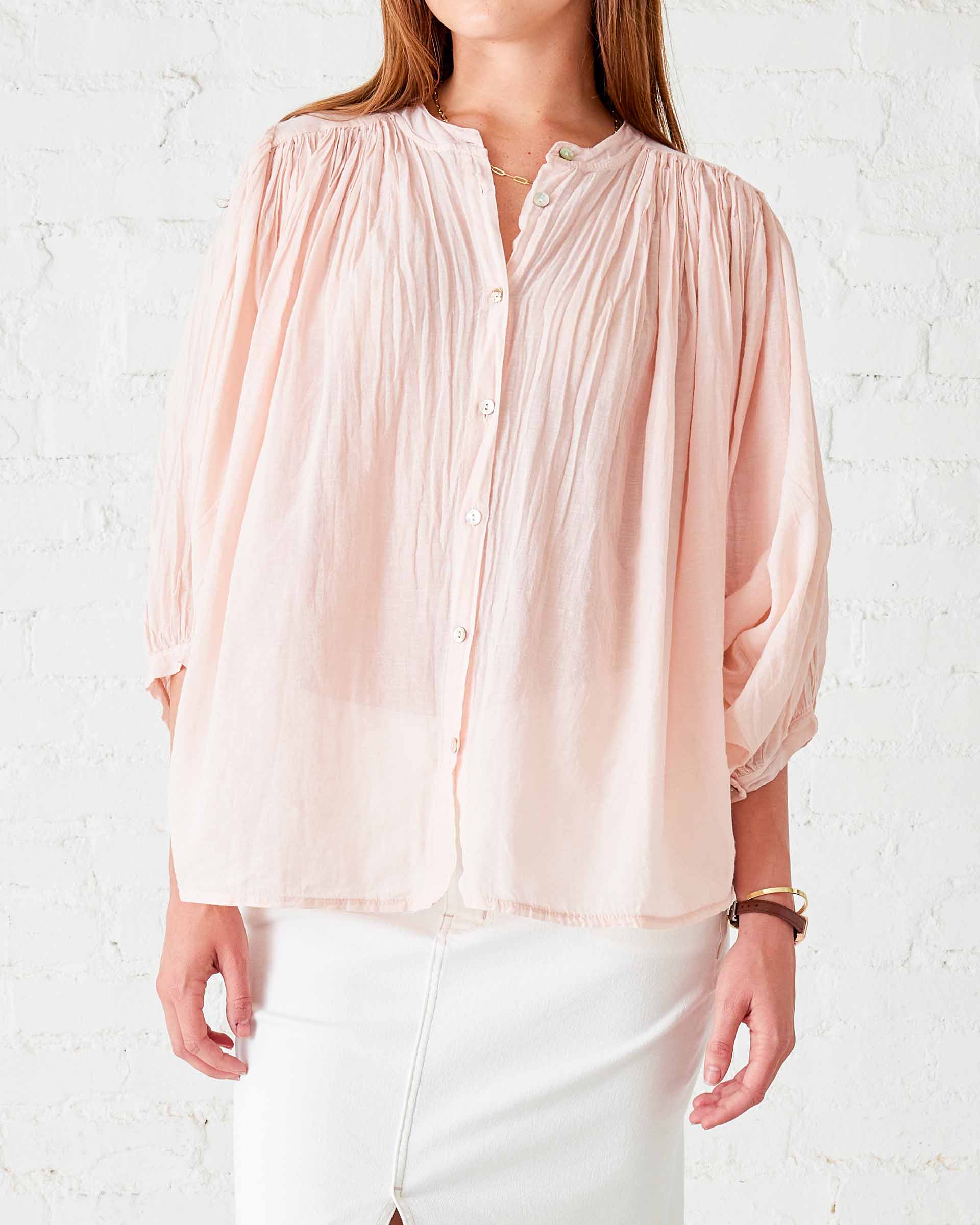 Women's Light Pink Ruffle Blouse Long Sleeve