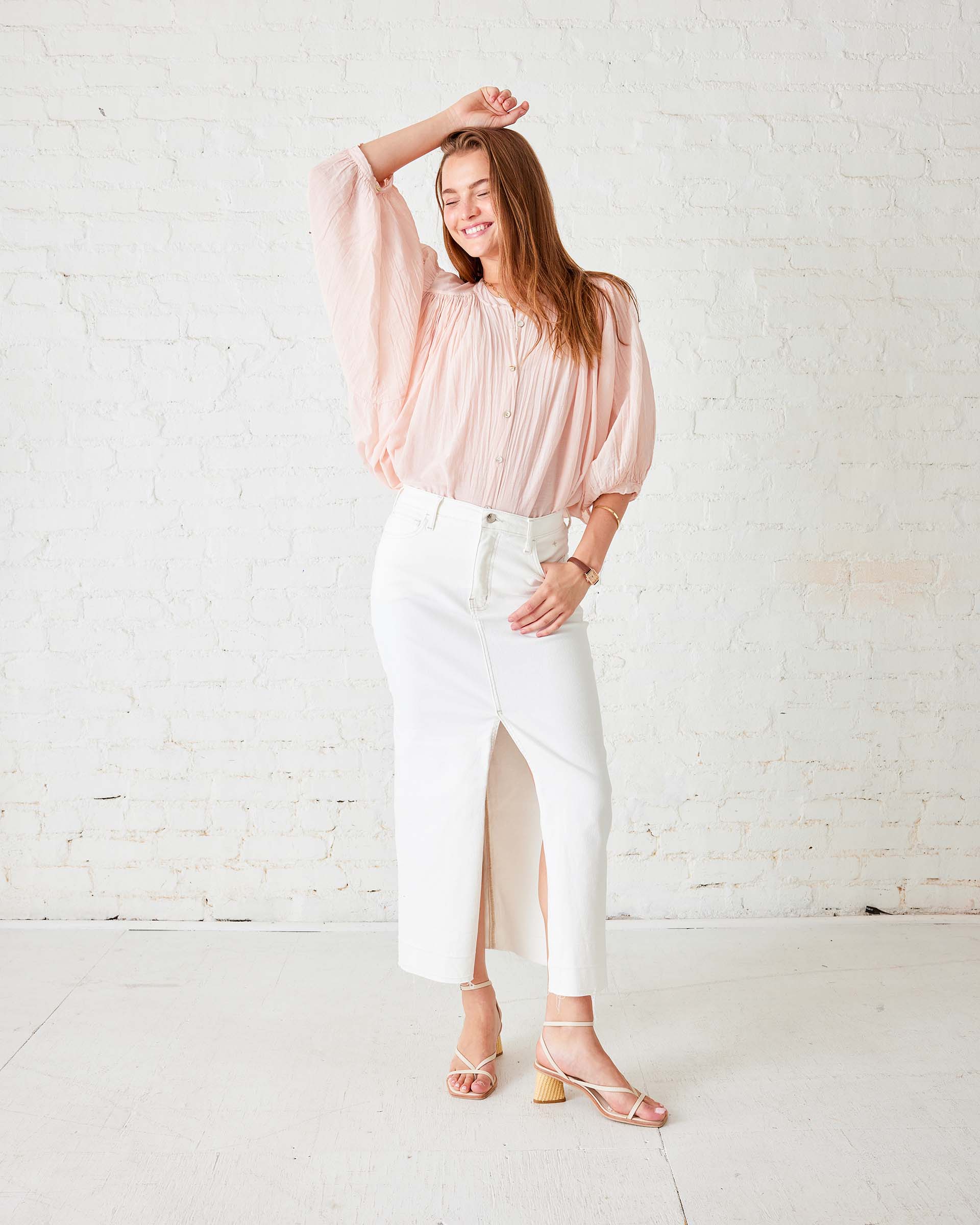 Women's Light Pink Ruffle Blouse Long Sleeve