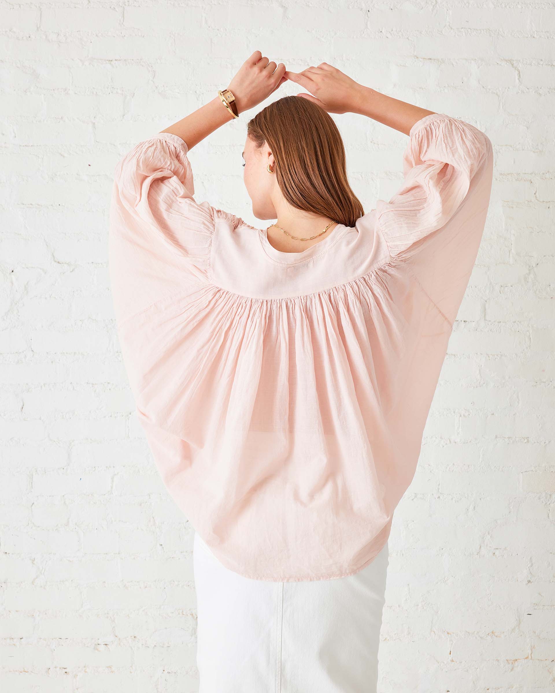 Women's Light Pink Ruffle Blouse Long Sleeve