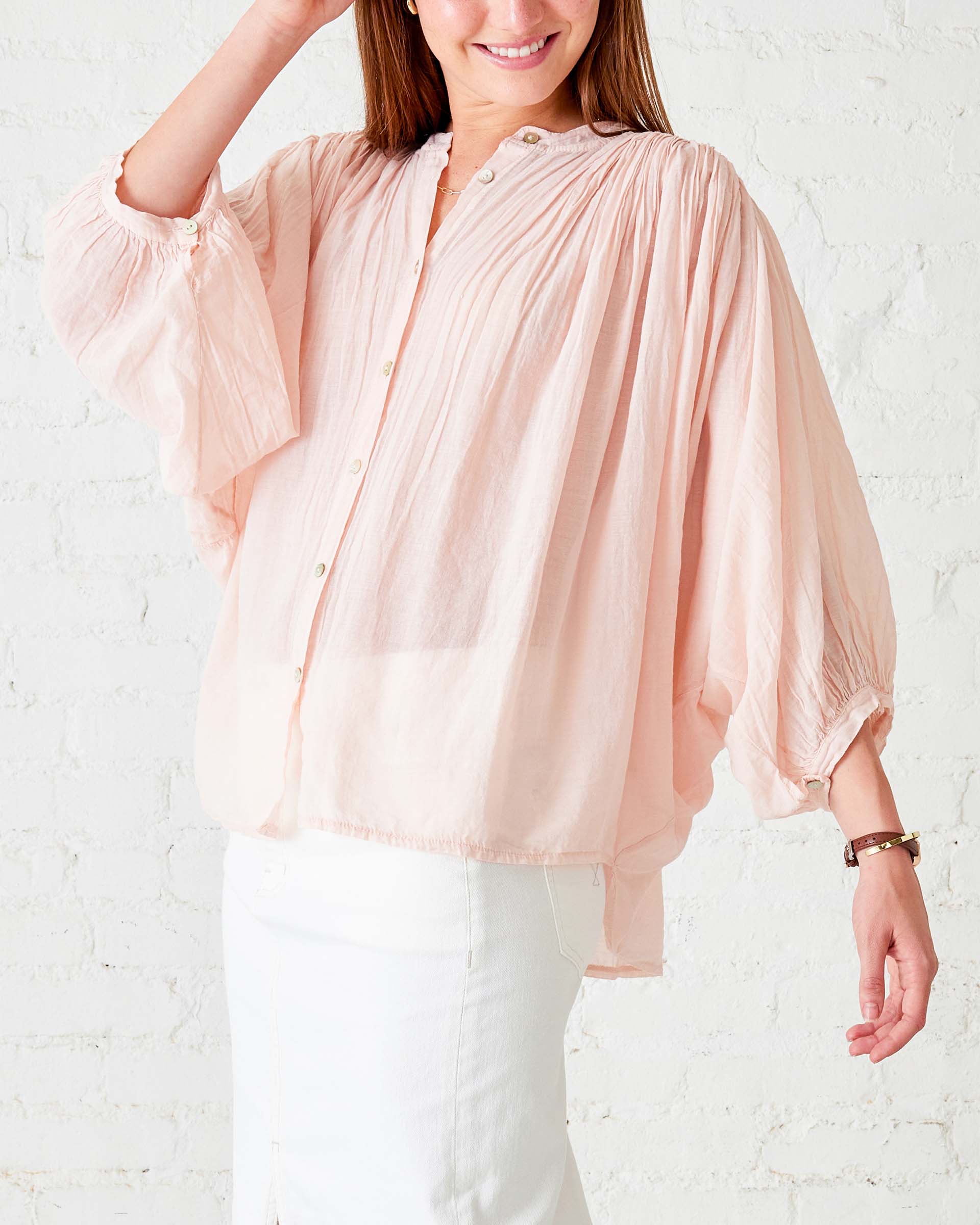 Women's Light Pink Ruffle Blouse Long Sleeve