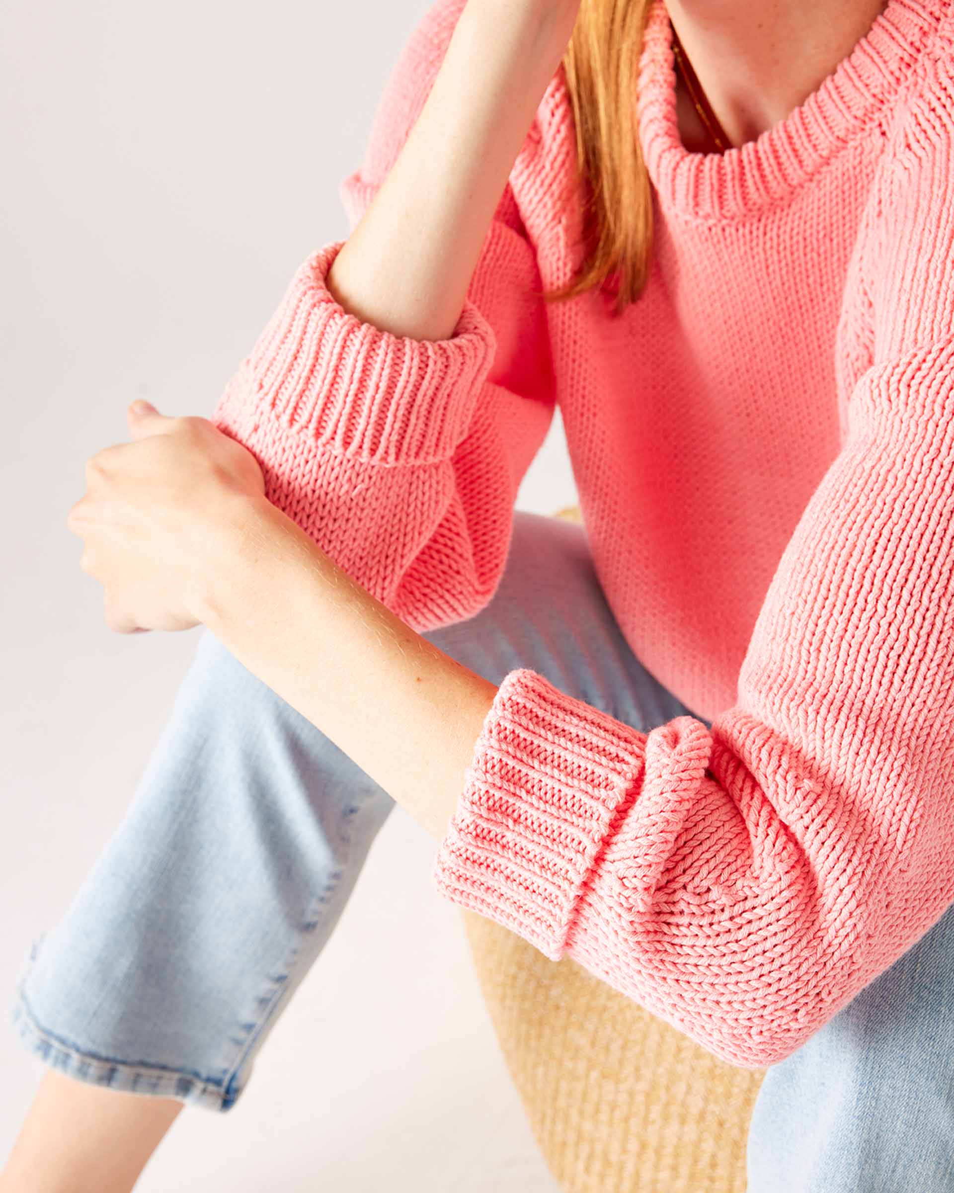 Women's Light Pink Soft Crewneck Stitched Sweater Side View Close Up Cuff Detail