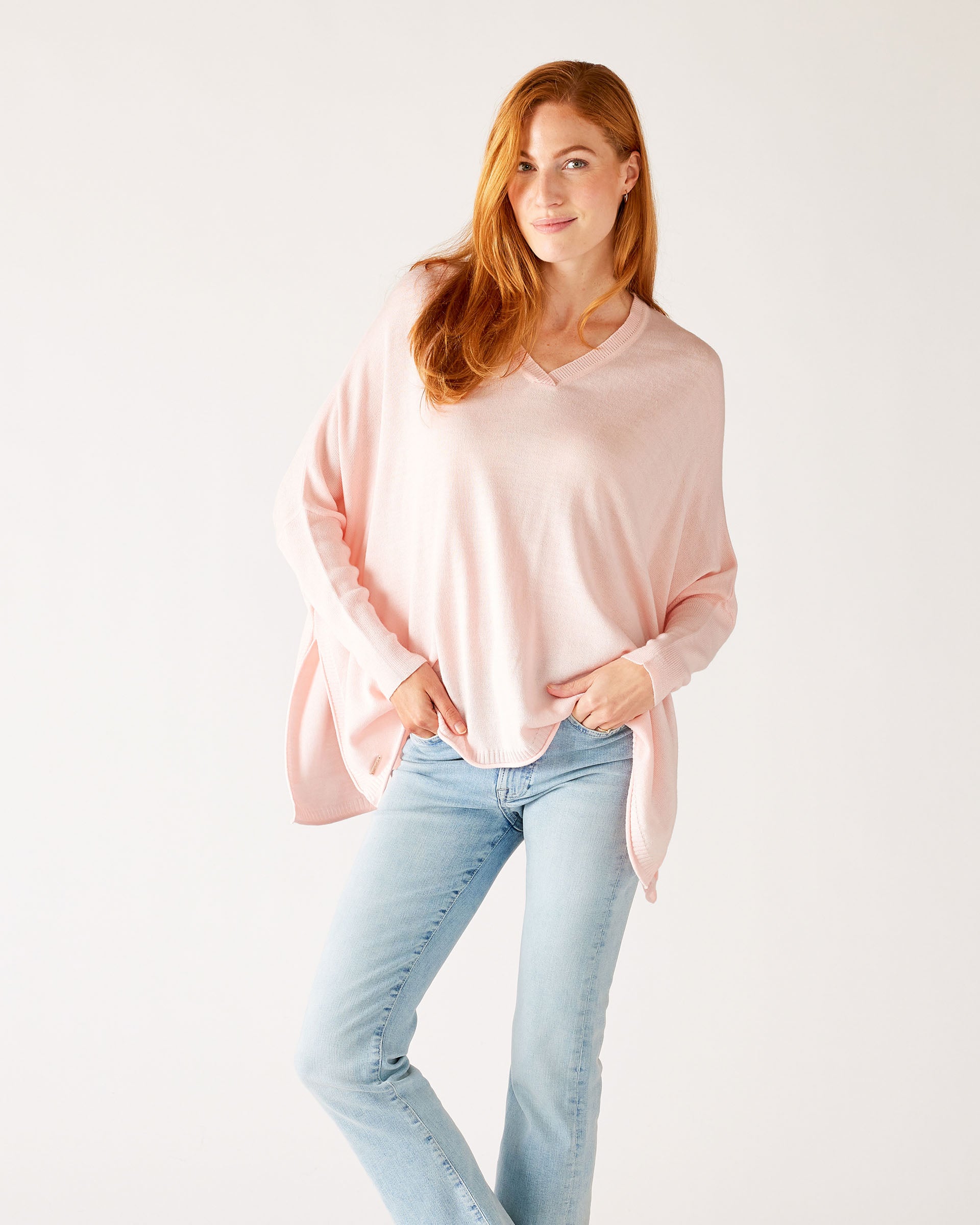 Women's One Size Vneck Knit Sweater in Light Pink Chest View
