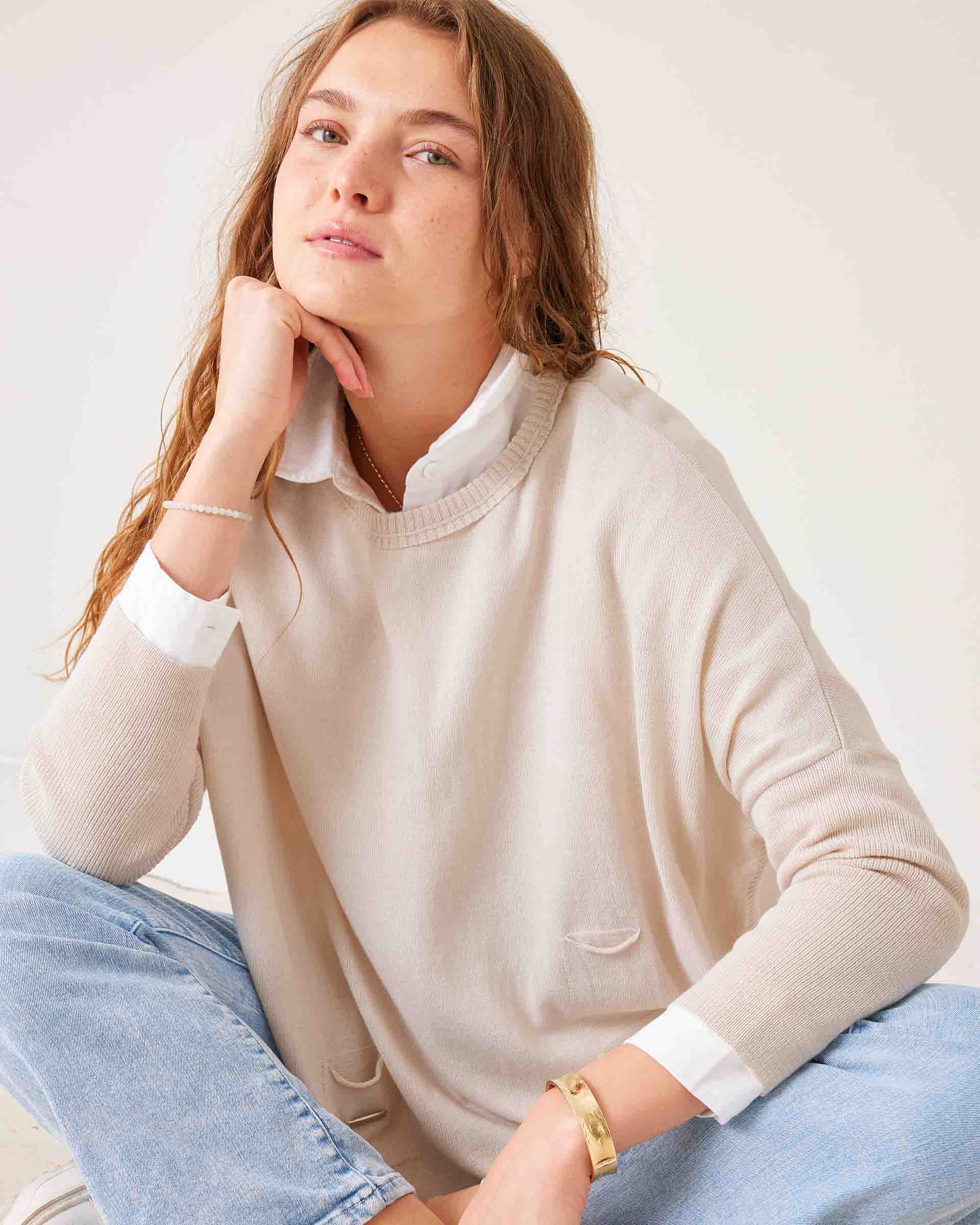 Women's Light Tan Oversized Lightweight Sweater