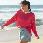 Women's Lightweight Hot Pink Oversized Crewneck Sweater with White Stitch Detail