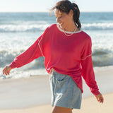 Women's Lightweight Hot Pink Oversized Crewneck Sweater with White Stitch Detail