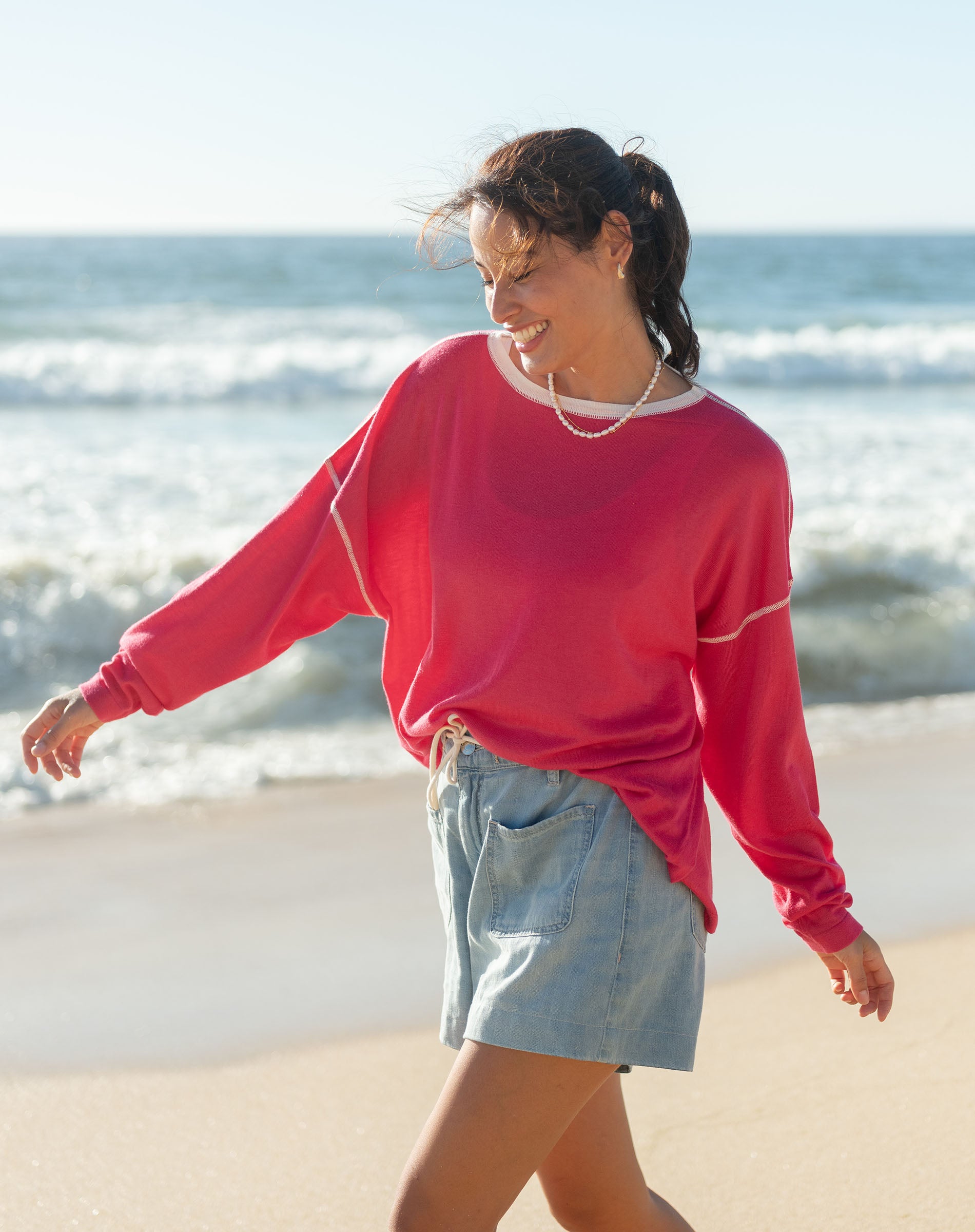 Women's Lightweight Hot Pink Oversized Crewneck Sweater with White Stitch Detail