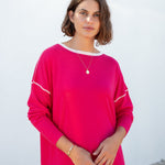 Women's Lightweight Hot Pink Oversized Crewneck Sweater with White Stitch Detail