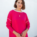 Women's Lightweight Hot Pink Oversized Crewneck Sweater with White Stitch Detail