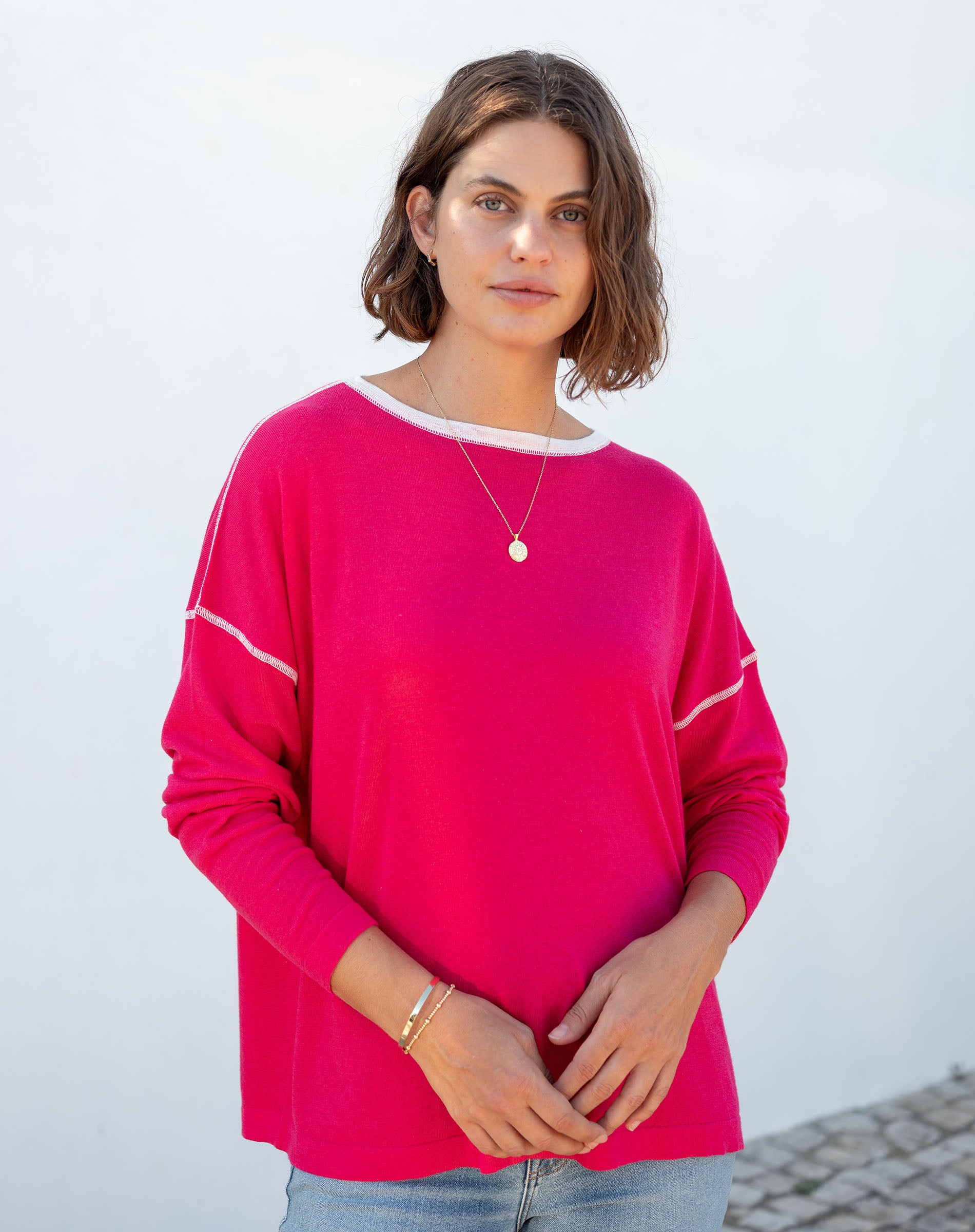 Women's Lightweight Hot Pink Oversized Crewneck Sweater with White Stitch Detail