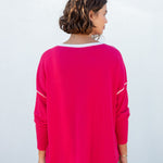 Women's Lightweight Hot Pink Oversized Crewneck Sweater with White Stitch Detail