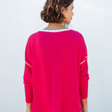 Women's Lightweight Hot Pink Oversized Crewneck Sweater with White Stitch Detail