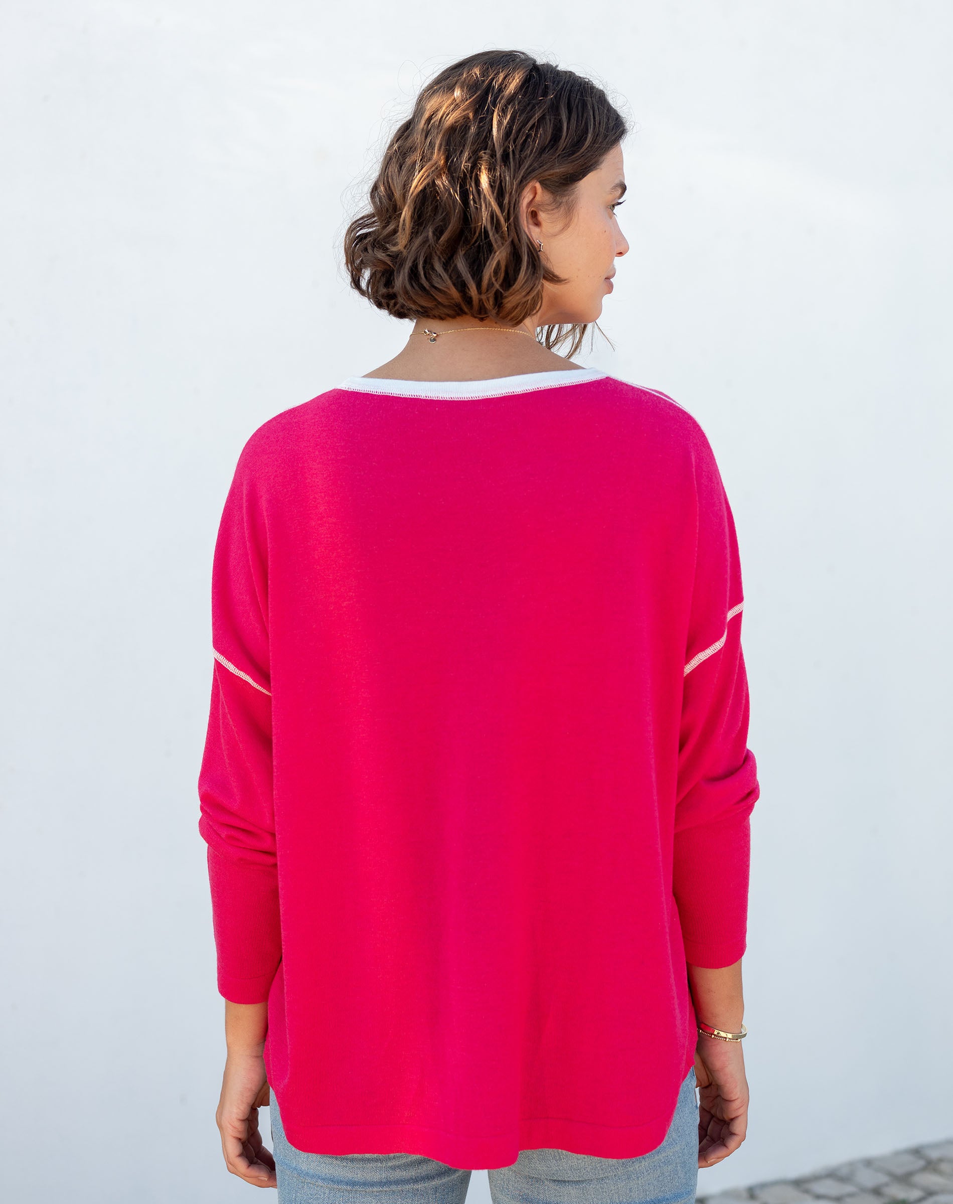 Women's Lightweight Hot Pink Oversized Crewneck Sweater with White Stitch Detail