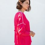 Women's Lightweight Hot Pink Oversized Crewneck Sweater with White Stitch Detail