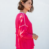 Women's Lightweight Hot Pink Oversized Crewneck Sweater with White Stitch Detail