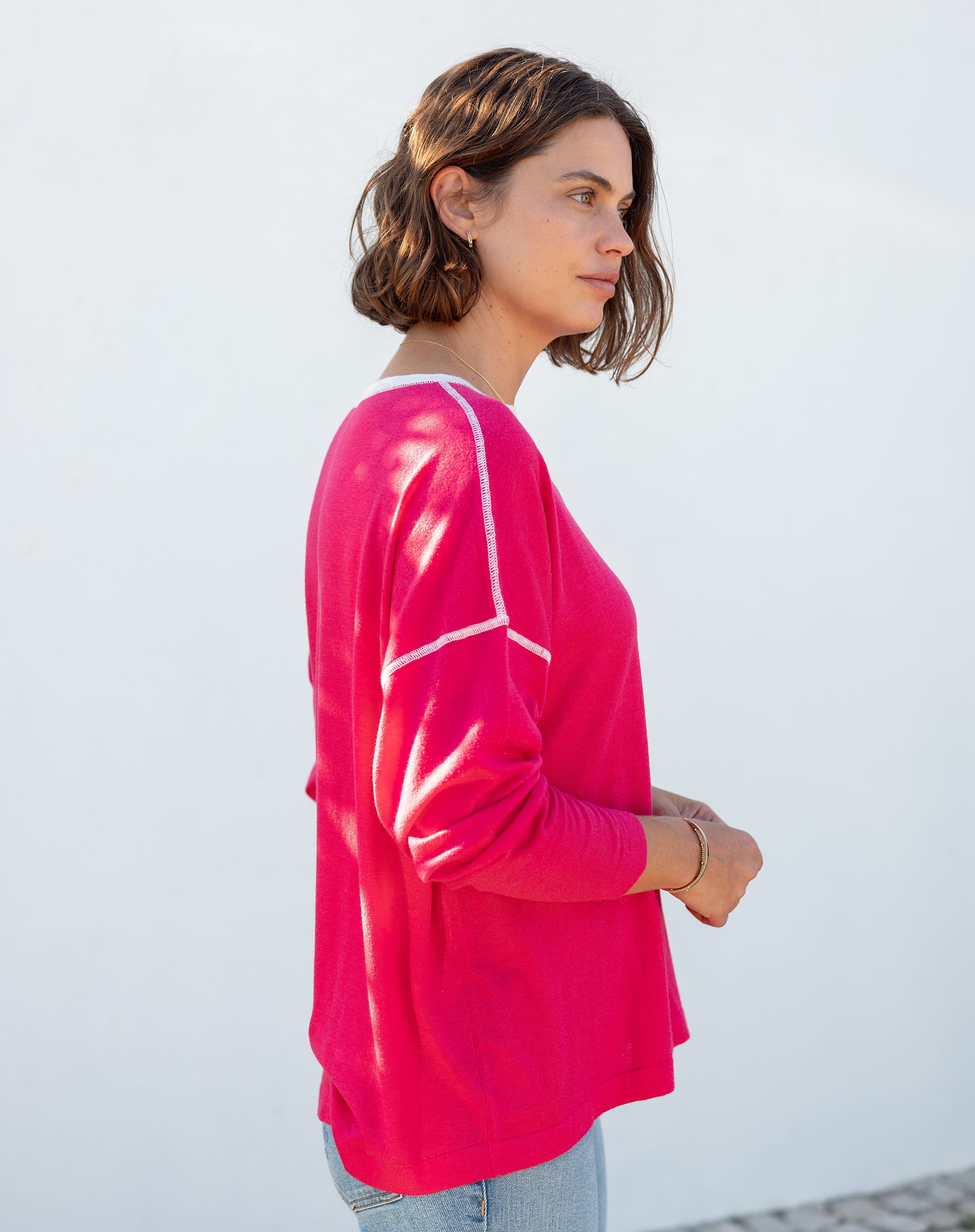 Women's Lightweight Hot Pink Oversized Crewneck Sweater with White Stitch Detail