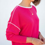 Women's Lightweight Hot Pink Oversized Crewneck Sweater with White Stitch Detail