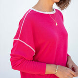 Women's Lightweight Hot Pink Oversized Crewneck Sweater with White Stitch Detail