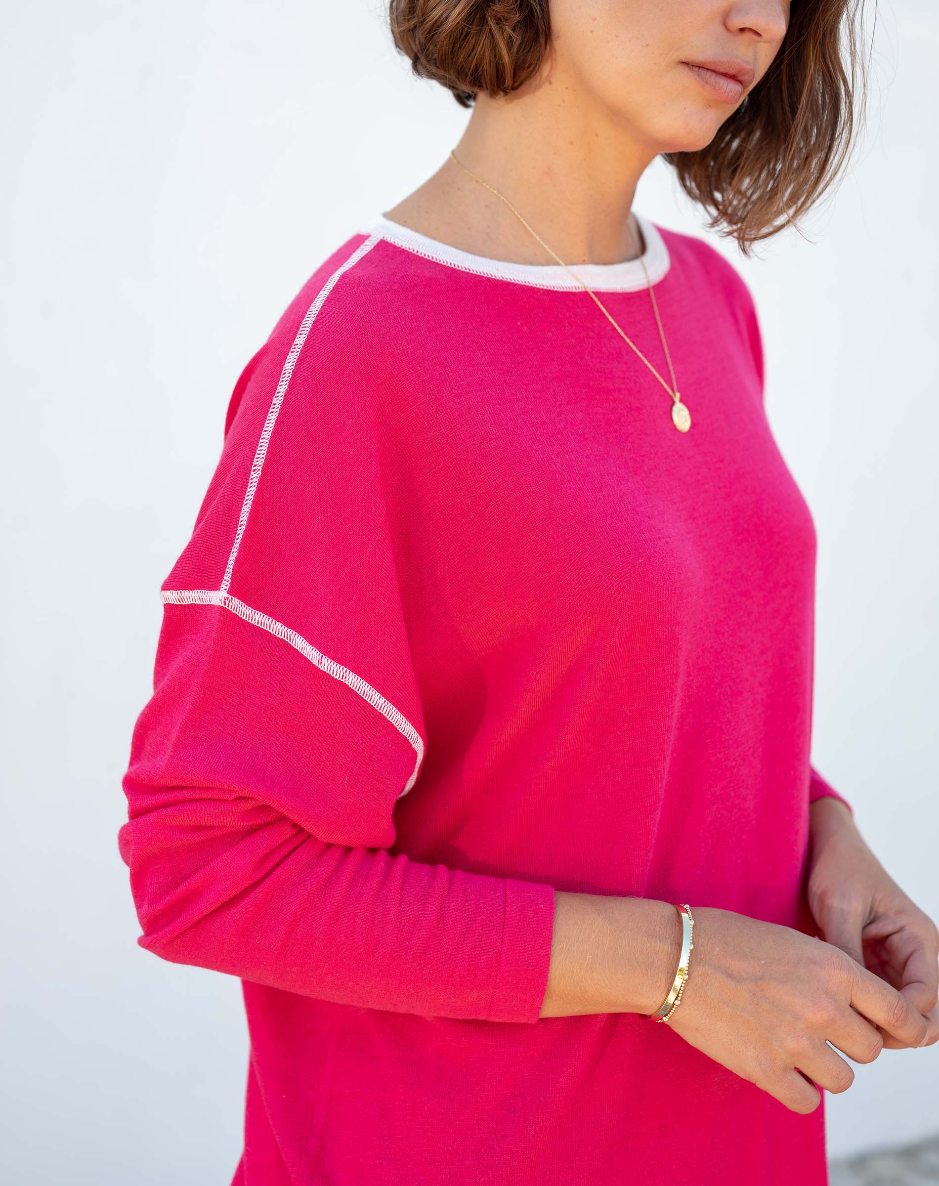 Women's Lightweight Hot Pink Oversized Crewneck Sweater with White Stitch Detail