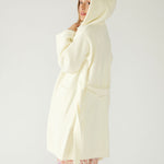 Women's Loungewear Nylon White Shawl Collar Patch Pockets Self-belt Goodnight Moon PJ Robe Side View with Hood