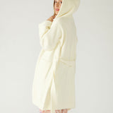 Women's Loungewear Nylon White Shawl Collar Patch Pockets Self-belt Goodnight Moon PJ Robe Side View with Hood