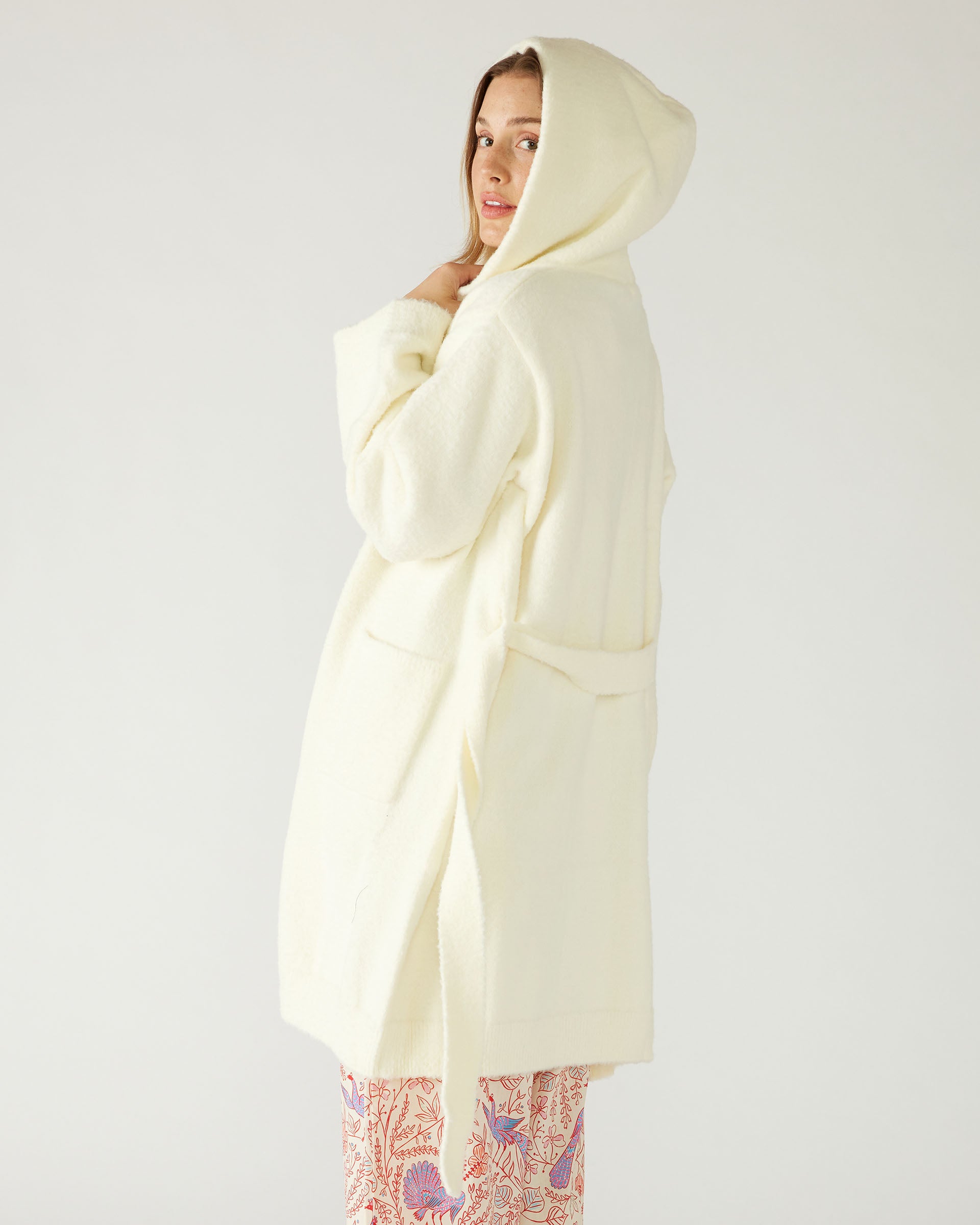 Women's Loungewear Nylon White Shawl Collar Patch Pockets Self-belt Goodnight Moon PJ Robe Side View with Hood