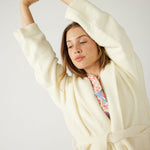 Women's Loungewear Nylon White Shawl Collar Patch Pockets Self-belt Goodnight Moon PJ Robe Stretching