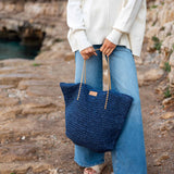 Women's Medium Beach Day Navy Leather Strap Paper Straw Sun Chaser Tote Bag with Chambray Lining and Interior Pockets Travel Destination Look 1