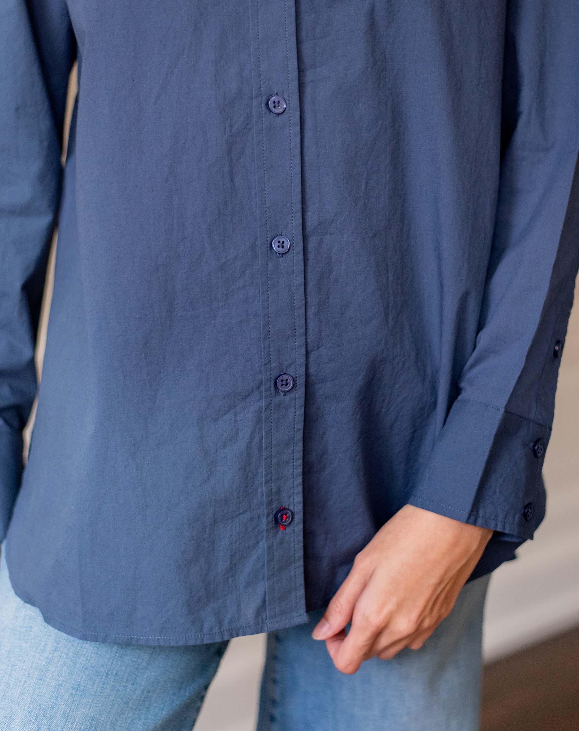 Women's Navy Blue Breathable Relaxed Fit Button Up Shirt Close Up Front View Detail Buttons