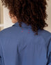 Women's Navy Blue Breathable Relaxed Fit Button Up Shirt Close Up Rear View Travel Detail Red Stitching