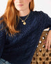 Women's Navy Blue Crewneck Pullover Cableknit Sweater Font View Close Up Rope Braid Knit Detail
