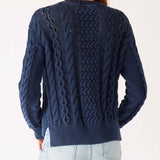 Women's Navy Blue Crewneck Pullover Cableknit Sweater Rear View