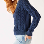 Women's Navy Blue Crewneck Pullover Cableknit Sweater Side View