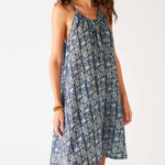 Women's Navy Floral Lightweight Knee Length Patio Drawstring Light and Breezy Dress Front View